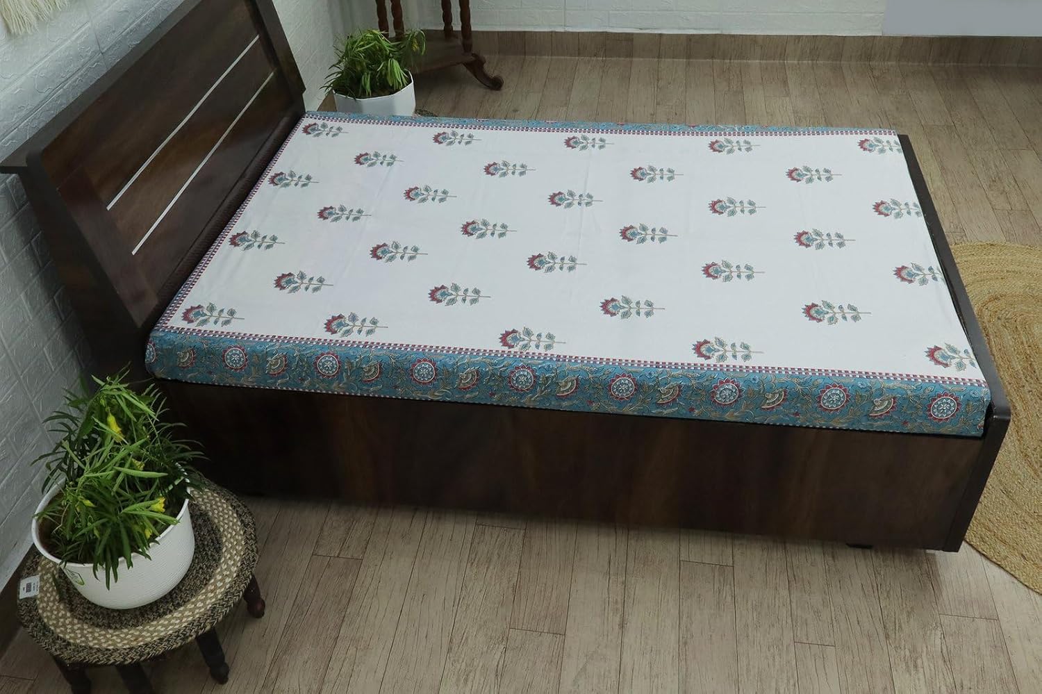 Twin Size Hand Block Printed Cotton Bedsheet, Blue Red, 100% Cotton Flat Sheets, Floral Pattern, Soft and Breathable for Cozy Bedding Home Decor Bedroom Autumn Thanksgiving