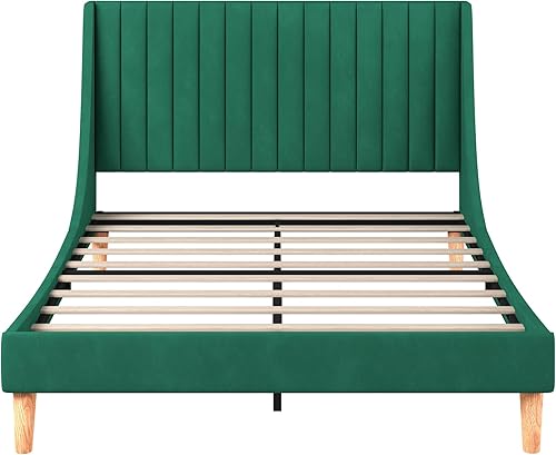 Miniatura 9 de Sunrise Coast Base de cama tamaño Queen con cabecero vertical copetudo, cama con diseño de alas, marco de cama Queen de terciopelo verde, no