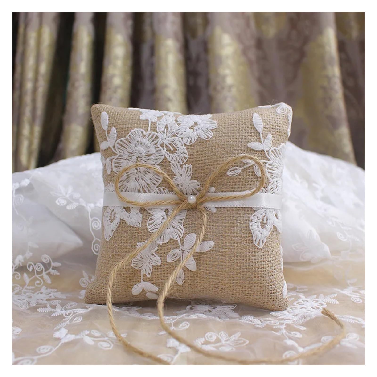 Hochzeit Ringhalter Kissen Ringkissen mit Spitze, Schleife, Vintage-Stil, for Hochzeit, Verlobung, Dekoration, Schmuck, Ringe, Kissen, Vintage-Jute-Kissen aus Sackleinen