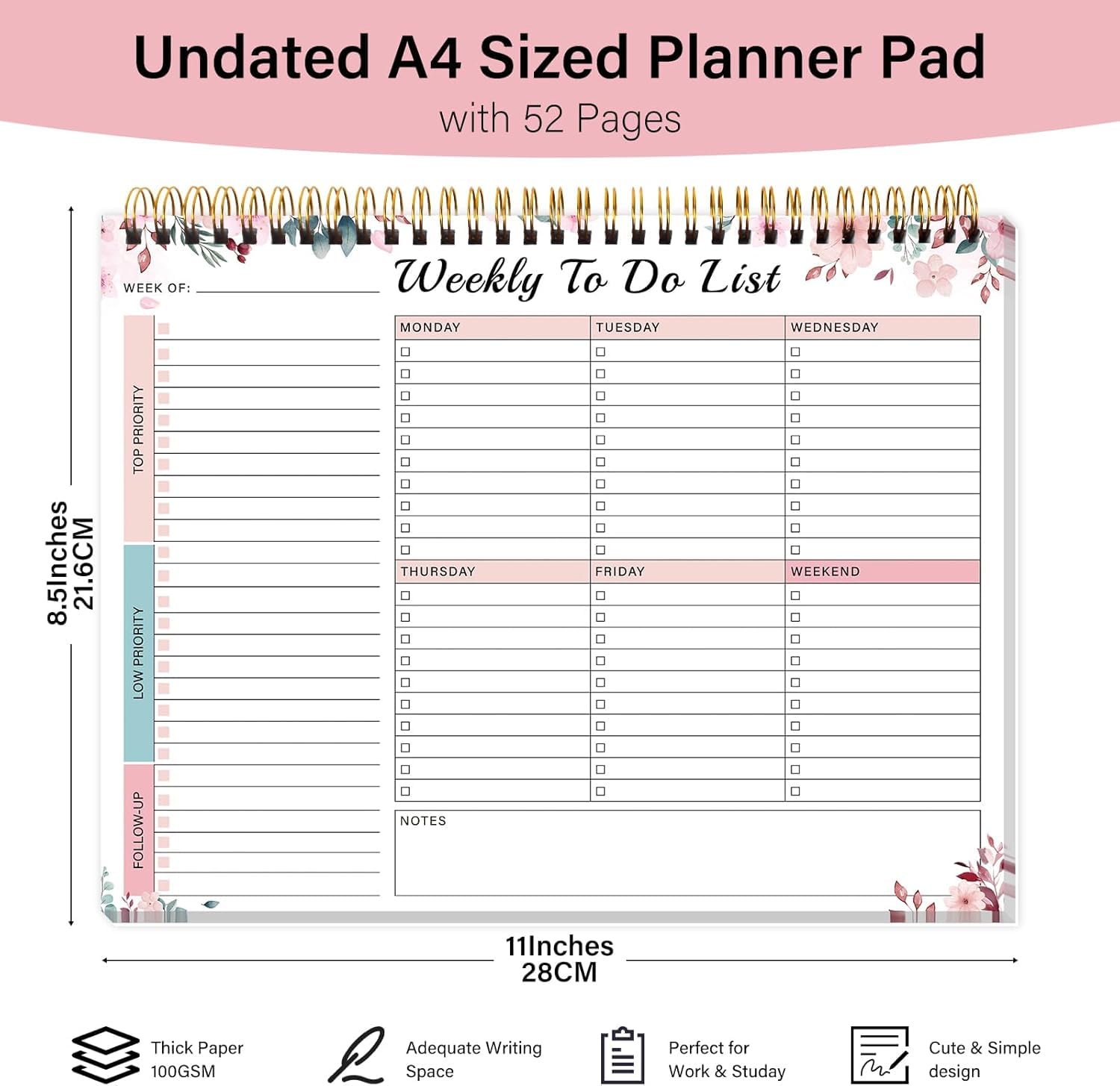 Weekly To Do List Notepad with 52 Undated Sheets(8.5"×11")- Undated Weekly Desk Planner for Women & Man, School/Office Supplies - Image 2
