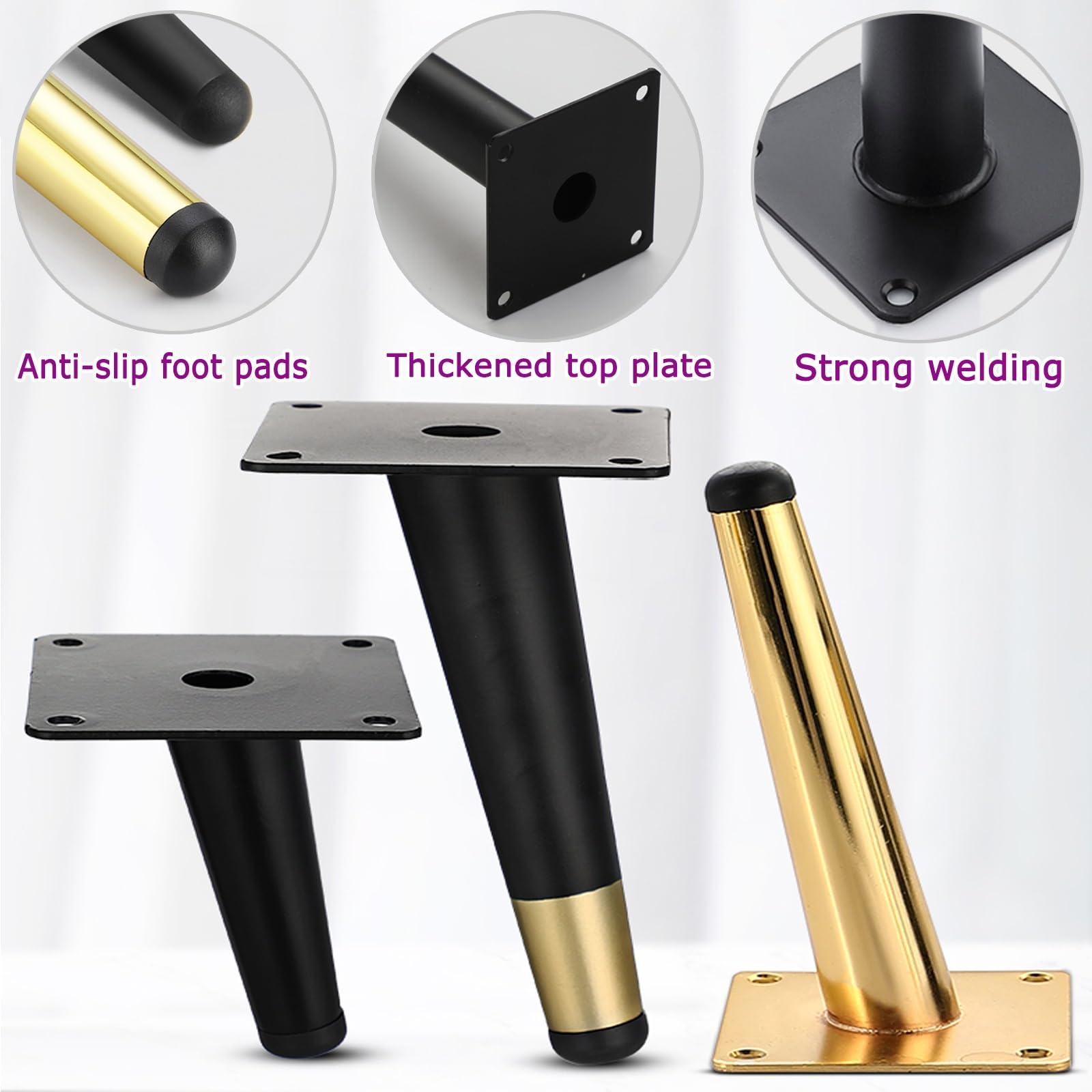 Lot de 4 pieds de chaise coniques en métal noir robuste avec patins antidérapants pour tables de salle à manger et bureaux, plaque solide, installation facile