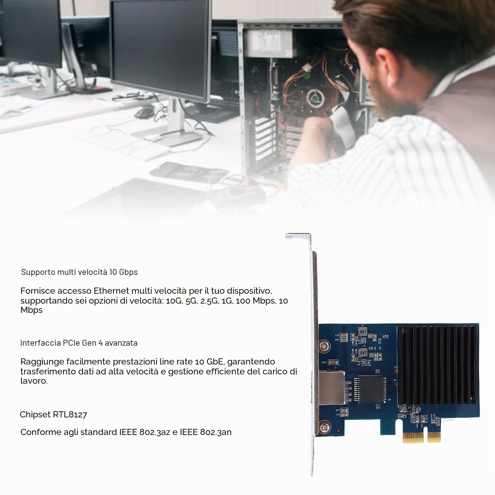 Bewinner Scheda di Rete Porta da 10 GB RJ45, RTL8127 PCI Express Gen 4 X1 a 10 Gigabit Network Card, Adattatore PCIE Ethernet LAN per