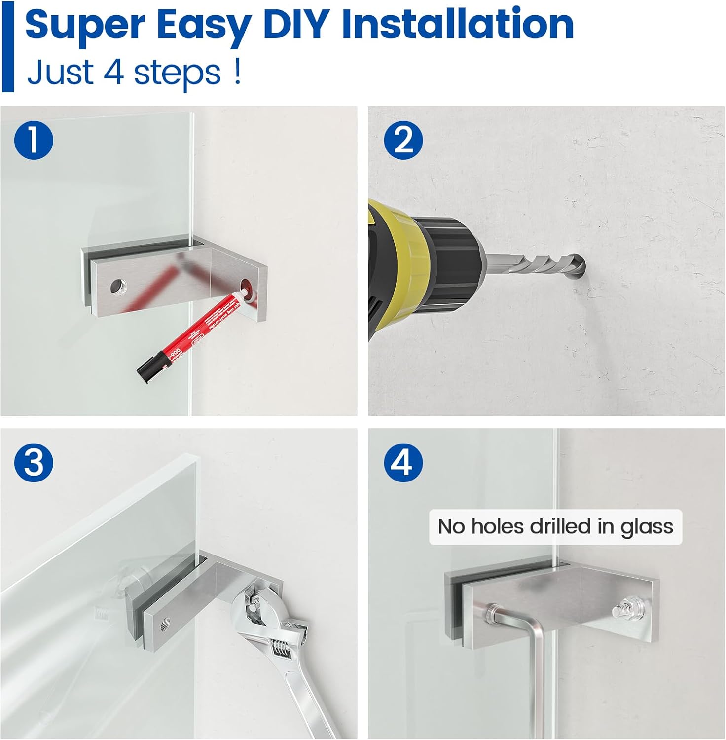 Muzata Brushed Rectangle Glass Railing Spigot GS10 SO4 with 2Pack Brushed 90 degrees Glass Clamp GA09