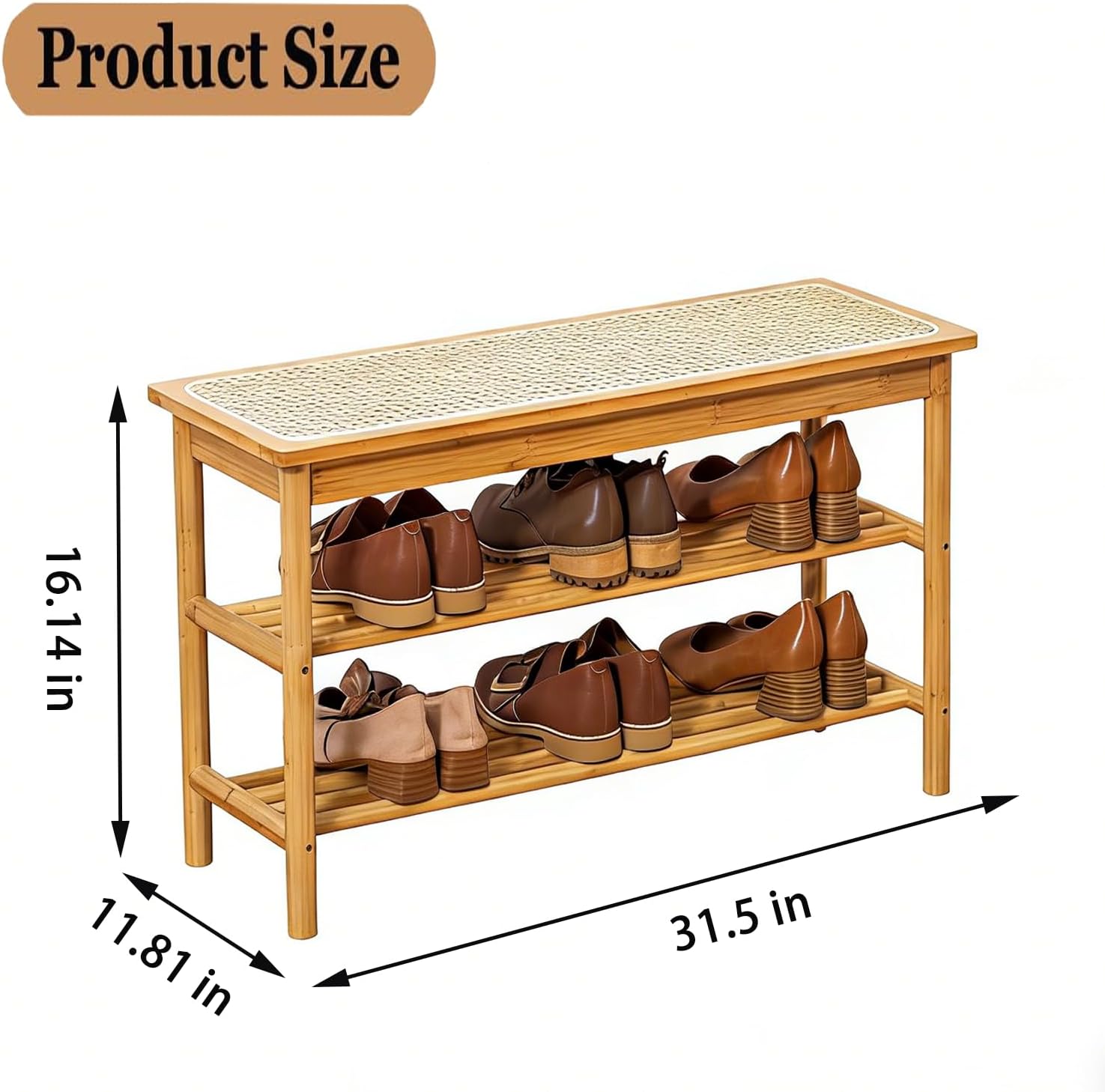 latifolia Shoe Rack Bench, 3-Tier Bamboo Shoe Bench with Breathable Rattan Seat Cushion, Shoe Storage Rack for Entryway(Nautre,31.50''L)