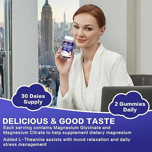 Miniatura 4 de Glicinato de magnesio y L-treonato de 540 mg, sin azúcar con Ashwagandha, suplemento para relajación y apoyo al sueño, sabor a fresa, 60 gomitas (1,