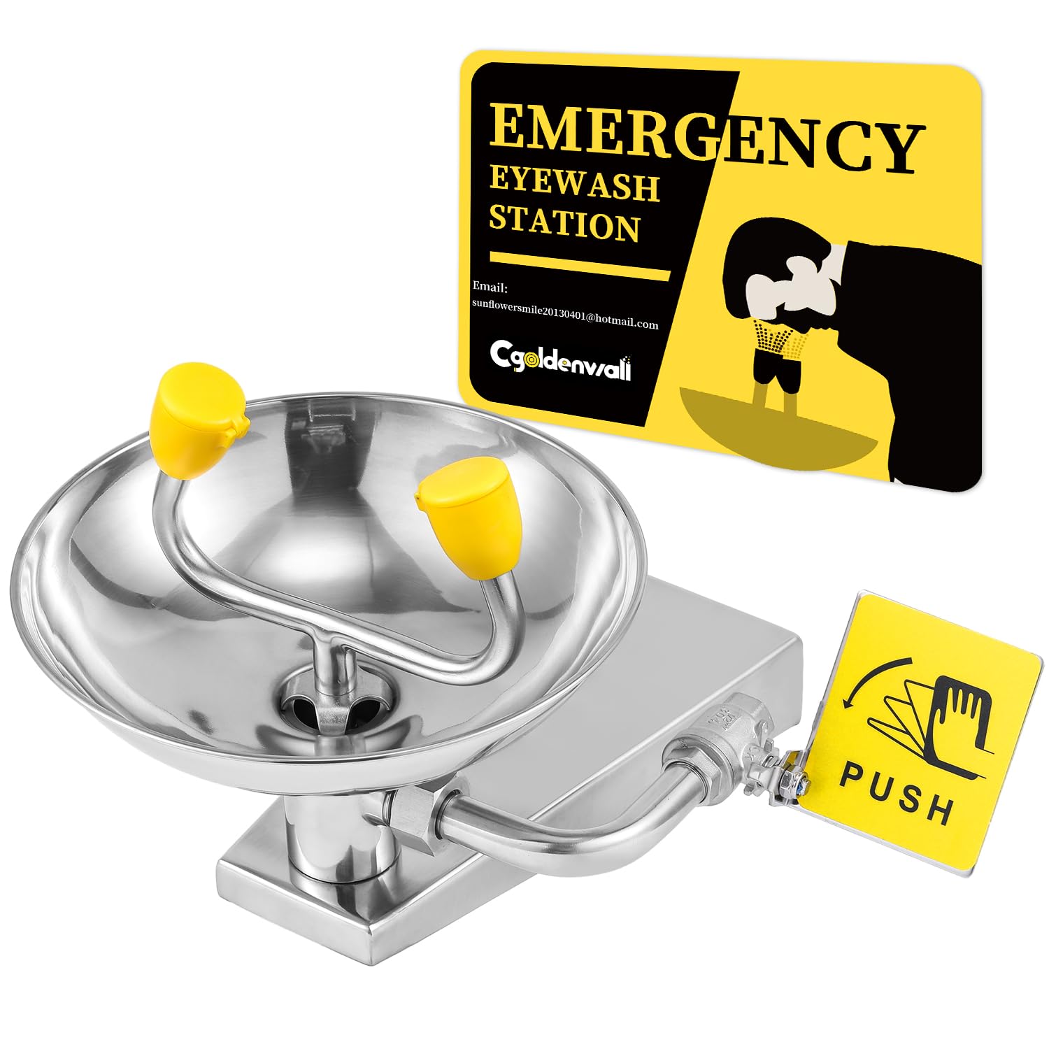 CGOLDENWALL Eyewash Stations Wall Mounted OSHA Approved Emergency Eye Face Washing Station, NPT Threads, with Emergency Sign, 304 Stainless Steel Bowl
