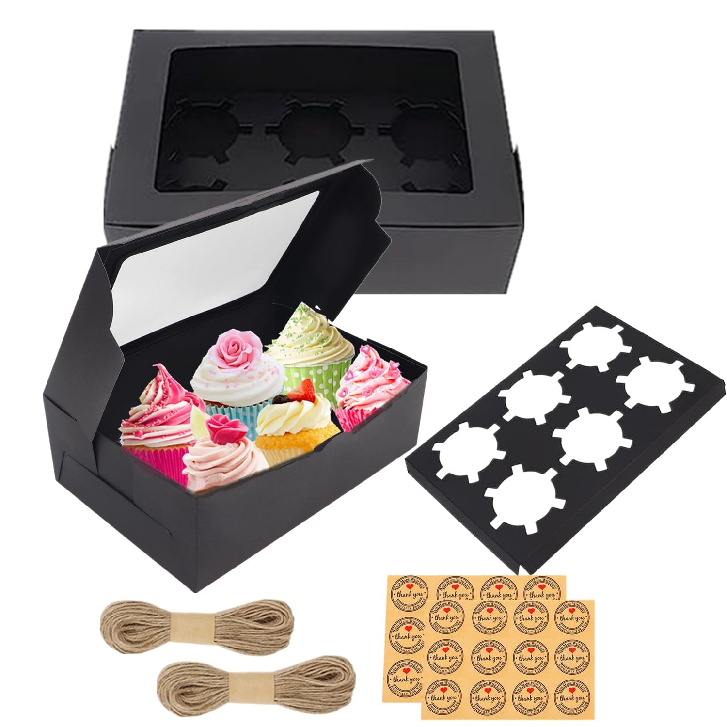 GUIFIER 20 PCS Bakery Cupcake Boxes with Window & Inserts, Cupcake Carrier Containers 6 Holders Standard Cupcakes, Paper Muffin Boxes Treat Gift Boxes for Mini Cake, Cookies, Dessert, Pastry (Black)