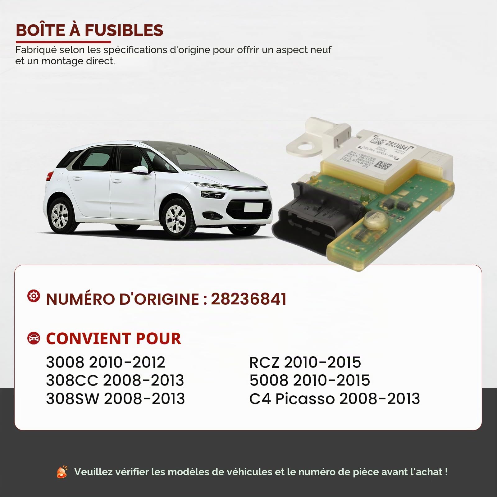 Boîtier Fusibles Borne Batterie pour C4 Picasso 308CC 308SW 3008 2012-2019 2008-2013 5008 RCZ 2010-2015 Gestionnaire de Batterie Boîtier Fusibles 28236841