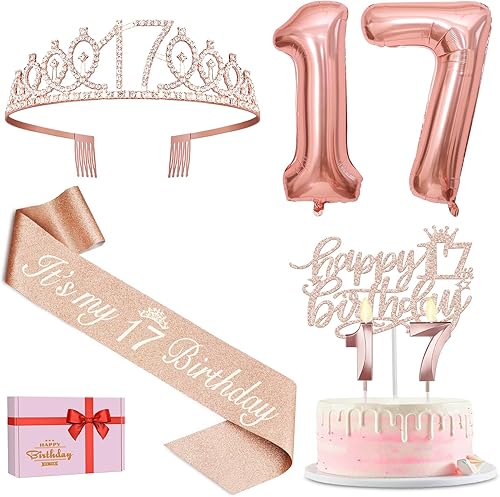 Decoraciones de cumpleaños número 17 para niña, incluyendo tiara y banda de cumpleaños de 17 años, velas de cumpleaños de 17 y decoración de pastel,