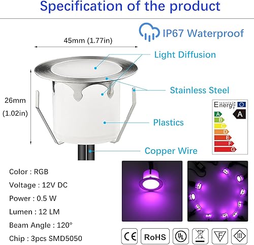 Miniatura 3 de Kit de luces LED que cambian de color con transformador y control remoto, paquete de 10 luces IP67 impermeables 1.77 pulgadas, 12 V, bajo voltaje,