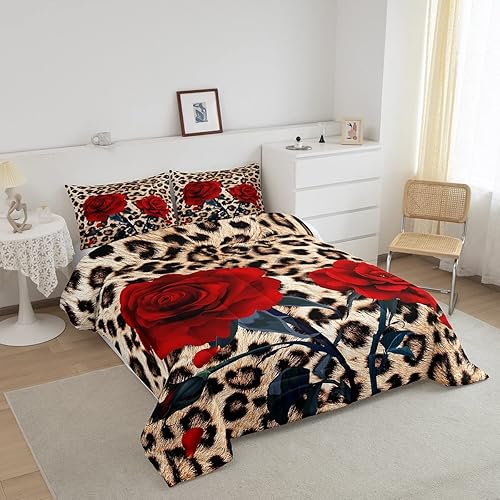 Miniatura 2 de Juego de edredón de flores de rosas para adolescentes y adultos, regalo de boda, juego de ropa de cama con estampado de leopardo, tamaño Queen,