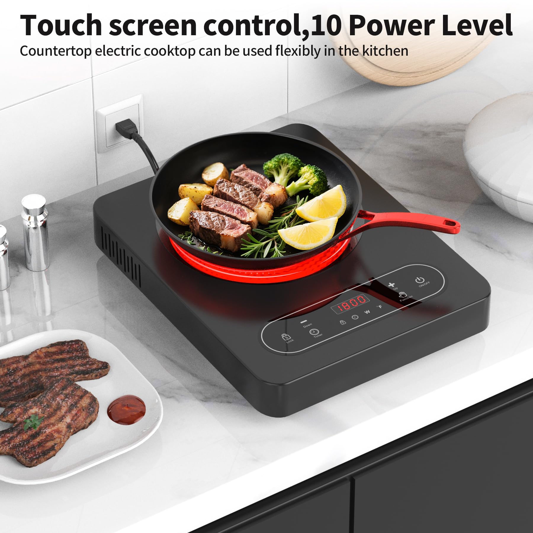 Cocina eléctrica de un solo quemador, estufa eléctrica de 110 V 1800 W con control táctil LED, 10 niveles de potencia, 4 horas, bloqueo de seguridad, cocina portátil, protección contra 7