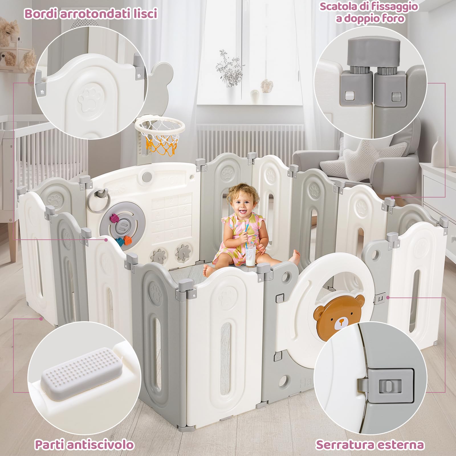 Box Bambini Pieghevole, Recinto per Bambini 143x143x64 cm, Box Neonato Forma Regolabile, con Canestro da Basket, Pallacanestro e Tavola per Giocattoli, Forte Ventosa sul Fondo, Materiale HDPE Atossico