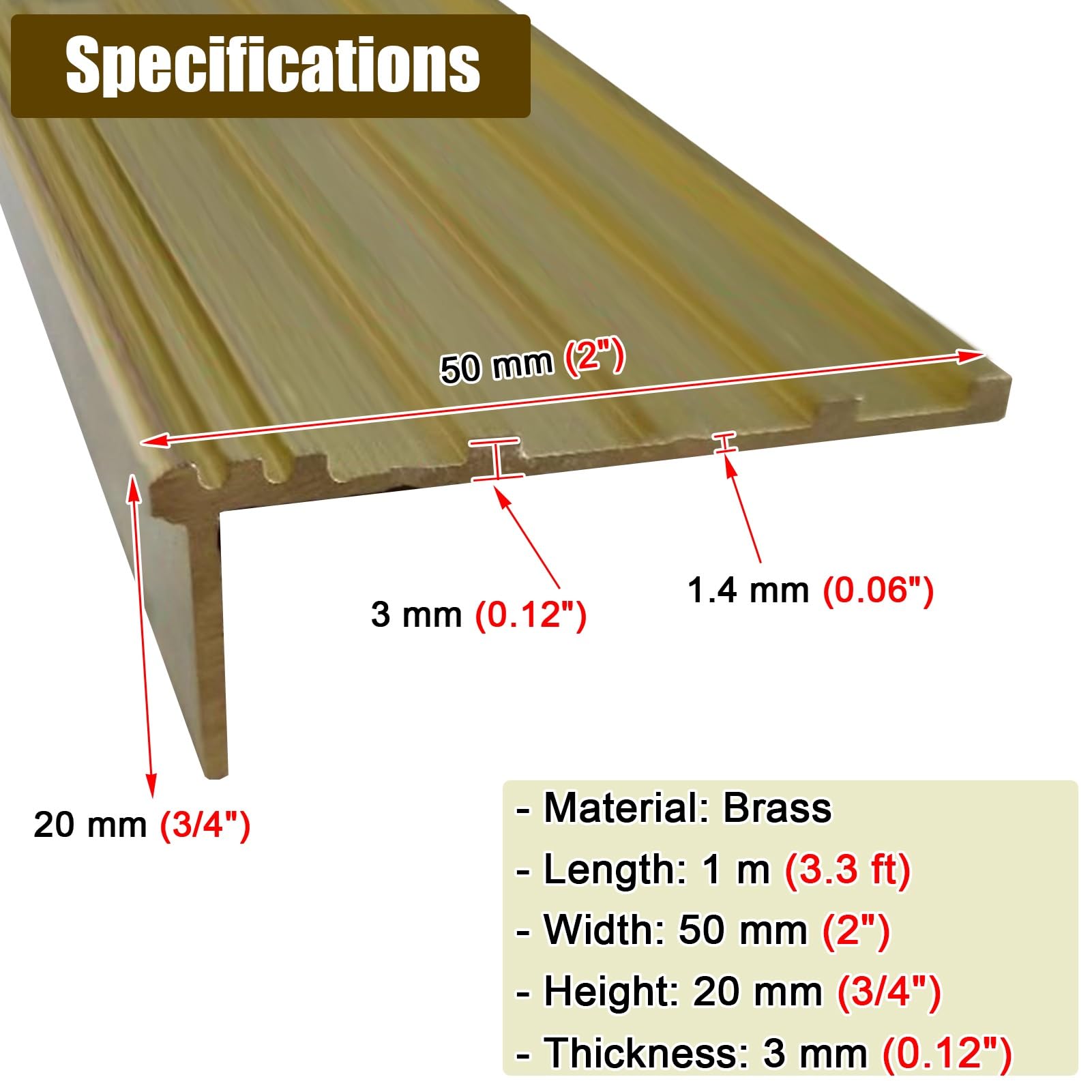 Tira de umbral Antideslizante para escaleras, de latón, Extra Ancha de 3/4/5 cm, Protector Decorativo para baldosas de mármol y Suelos de Madera (50 x 20 mm [2 x 0,8 Pulgadas])