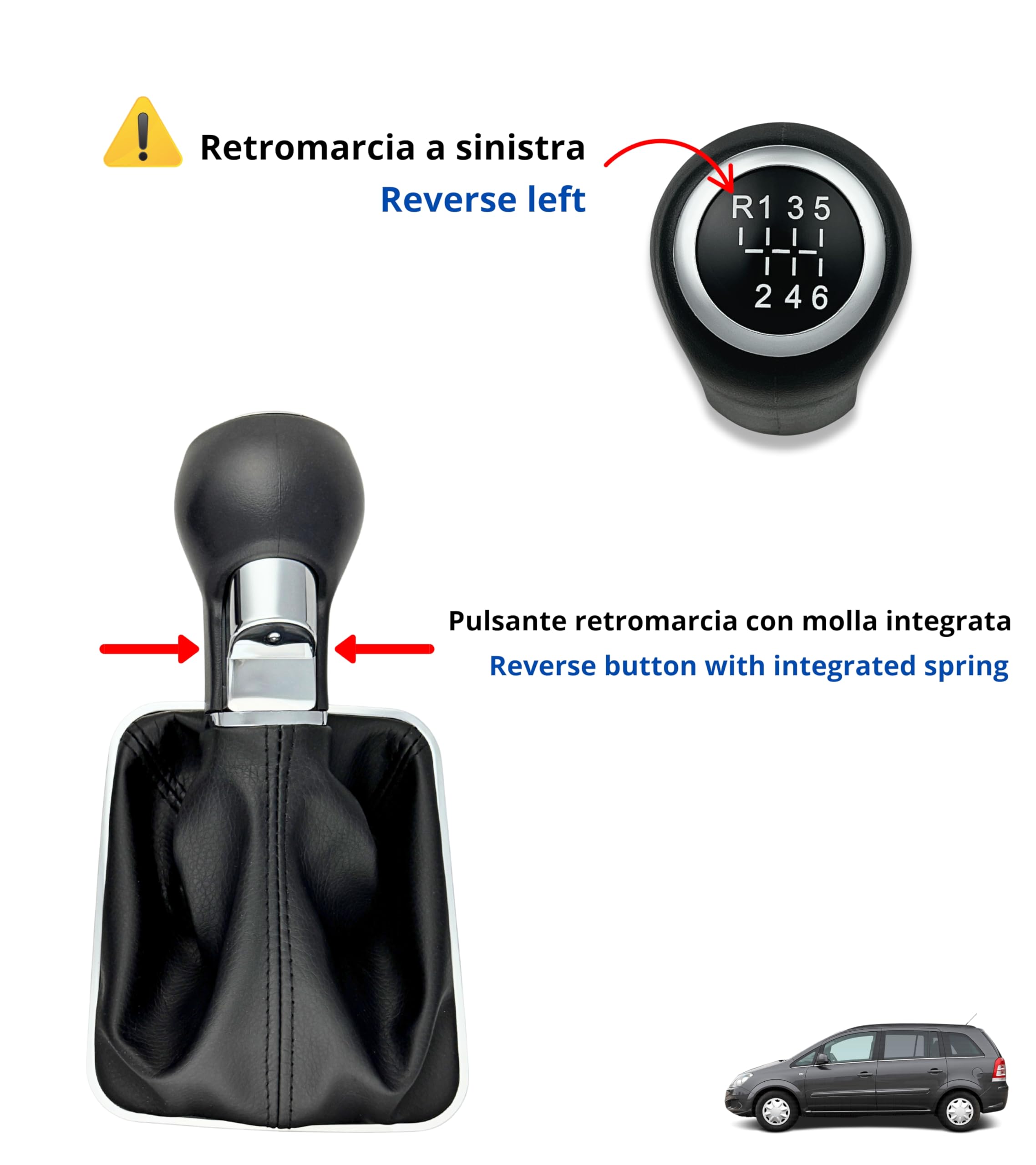 1neiSmartech Kit Pomello Leva Cambio 6 Marce con Pulsante Retromarcia + Cuffia e Cornice Argento, Compatibile con Opel Zafira B 2005–2014, Verifica OEM OE 55354140