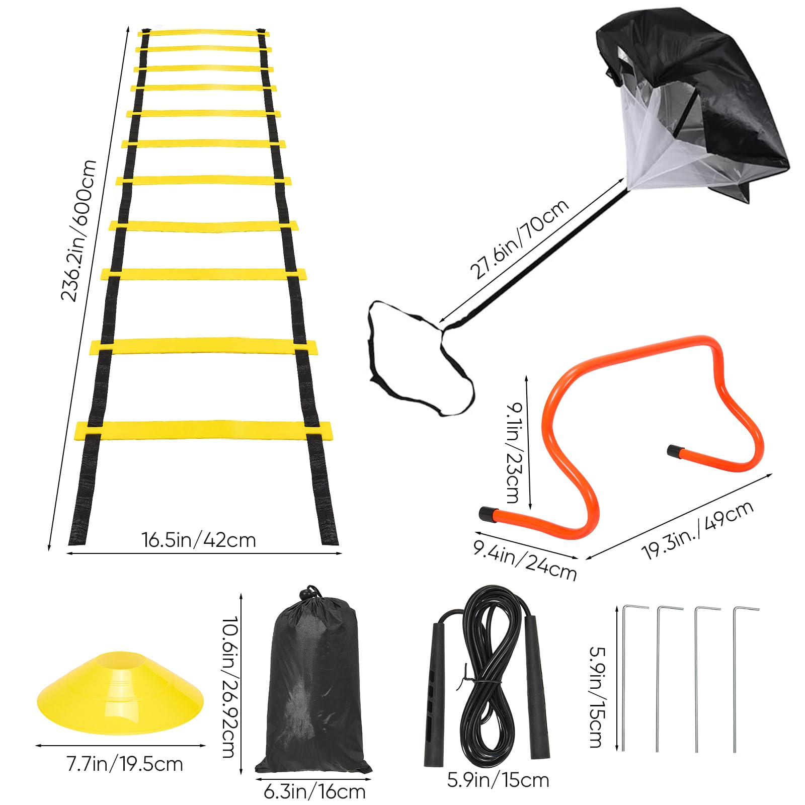 Juego completo de entrenamiento de fútbol, con escalera de coordinación (6 m), 12 conos, obstáculos extraíbles, cuerda de saltar, bandas de resistencia y paraguas, accesorio de entrenamiento ideal