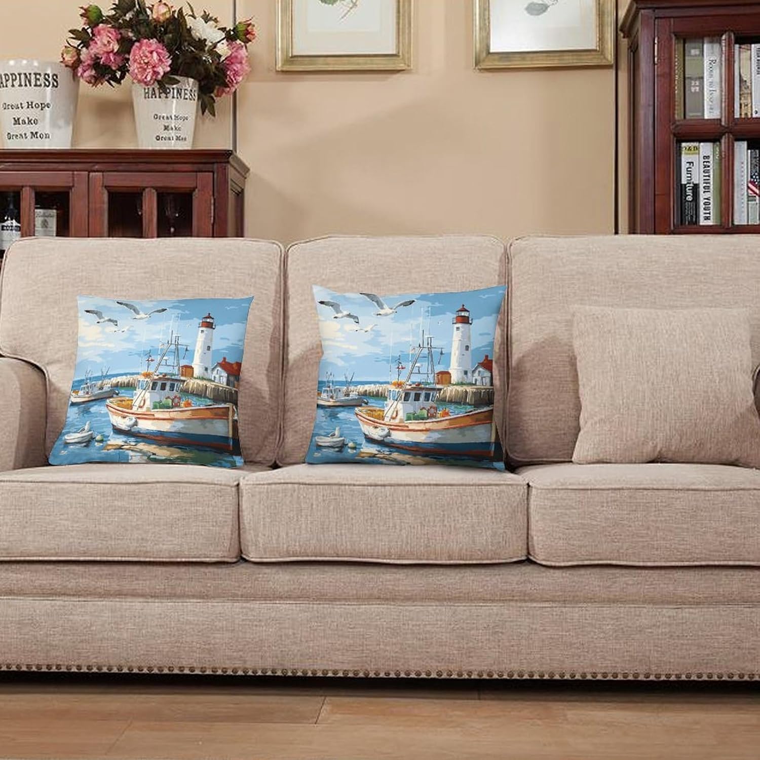 2 Packs Abstract Nautical Fantasy Throw Pillow Covers for Living Room, Bird Boat Lighthouse Coastal Pillow Covers Cushion Case for Couch Sofa Bed, 18x18 inch