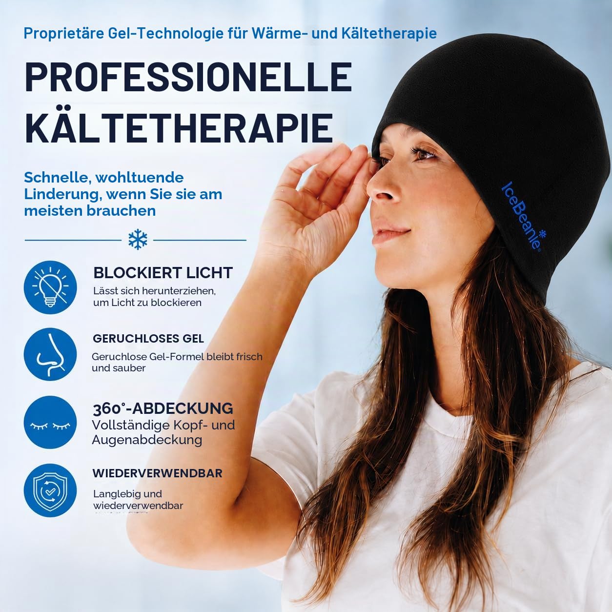 ICE BEANIE Migräne Kopfschmerzen Relief Cap, Hot & Cold Therapy Head Wrap, Schwarz, Gel, One Size, Therapeutic