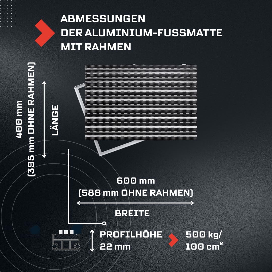Premium Aluminium Fußmatte Heavy Duty mit Rahmen, 60x40, Grau, Industriell 22 mm, Bürsteneinlage, 500 kg/m² Tragfähigkeit, für Innen & Außen, Witterungsbeständig, Systemfußmatte