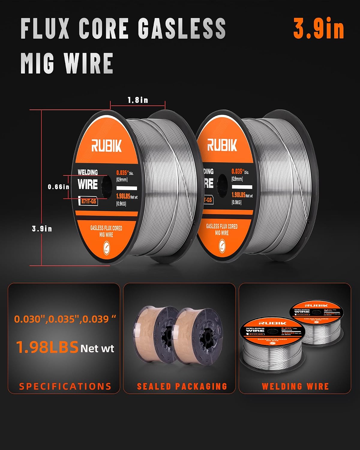 RUBIK 0.035" Flux Core Gasless Mig Wire-E71T-GS 2-Pound Spool Mild Carbon Steel Mig Welding Wire 2Pcs