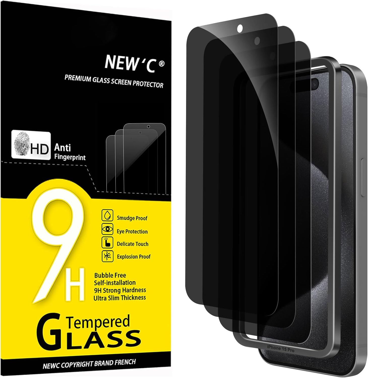 NEW'C 3 Pack Privacy for iPhone 15 Pro Screen Protector (6.1 inches), Anti-Spy Tempered Glass Film,Case Friendly Ultra Resistant,Balanced 28-Degree Privacy Angle - Easy Installation Tool Included 15 Pro 6.1 inches Black
