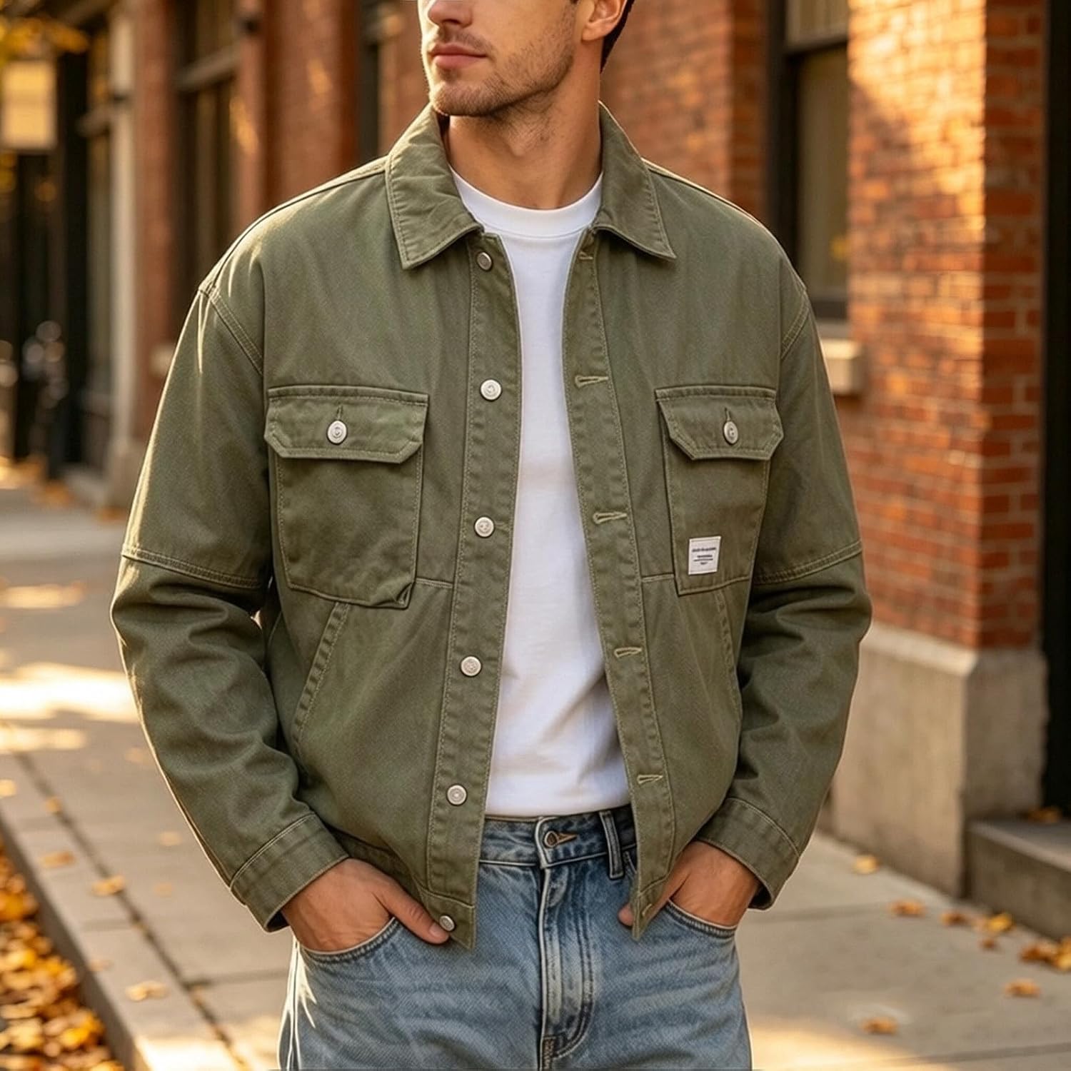 Mens Button Down Denim Jacket Lapel Collar Long Sleeve Trucker Coat