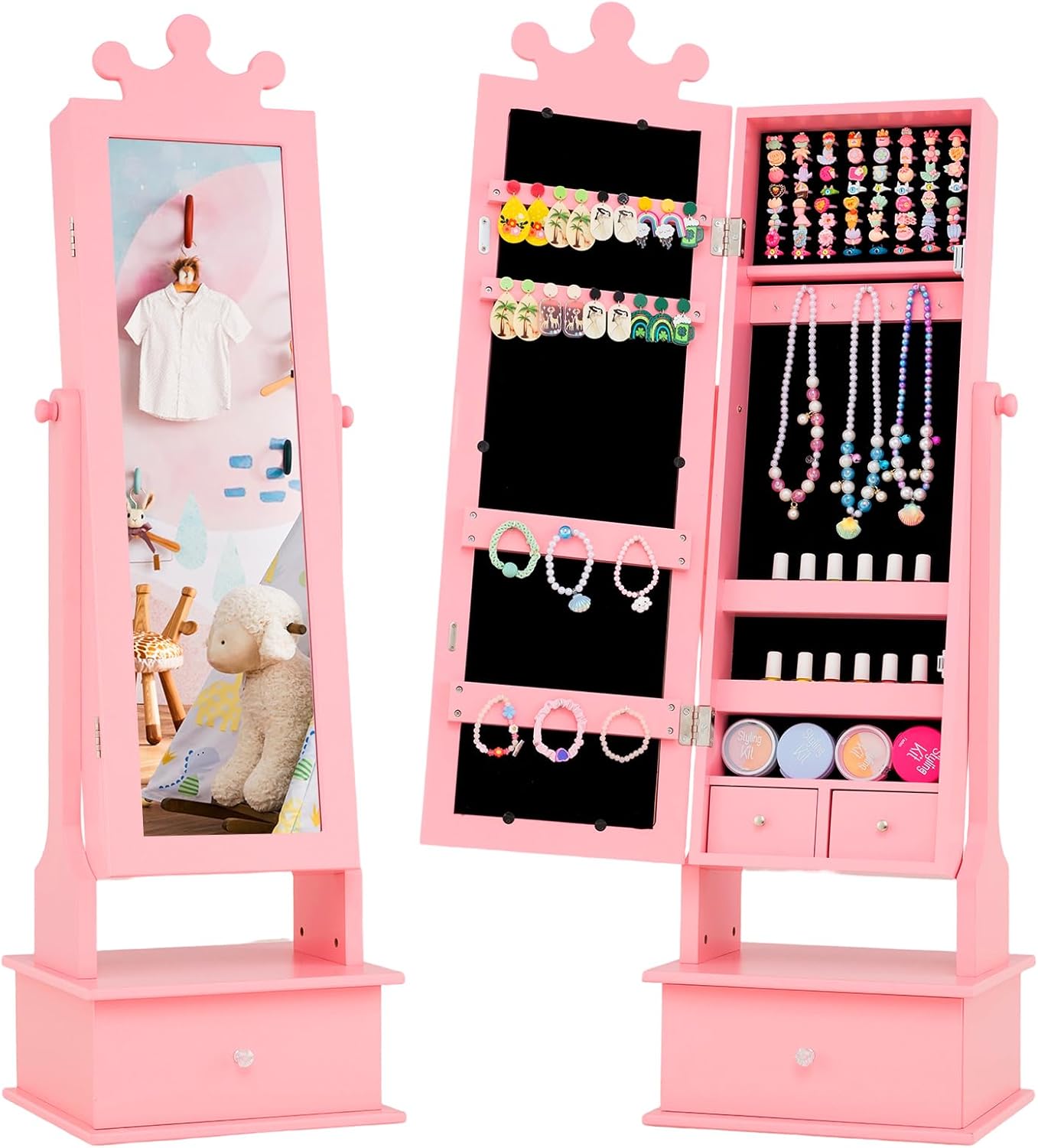 GOFLAME Kids Jewelry Armoire, Children’s Jewelry Cabinet with Full Length Mirror, Storage Drawers, 64 Ring Slots, Freestanding Jewelry Storage Organizer for Girls, Birthday/Christmas Gift, Pink