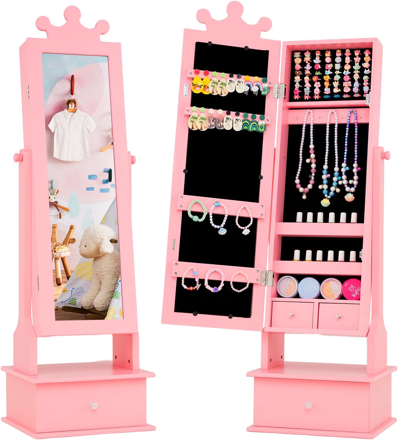 GOFLAME Kids Jewelry Armoire, Childrenโs Jewelry Cabinet with Full Length Mirror, Storage Drawers, 64 Ring Slots, Freestanding Jewelry Storage Organizer for Girls, Birthday/Christmas Gift, Pink