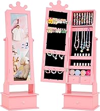GOFLAME Kids Jewelry Armoire, Children’s Jewelry Cabinet with Full Length Mirror, Storage Drawers, 64 Ring Slots, Freestanding Jewelry Storage Organizer for Girls, Birthday/Christmas Gift, Pink