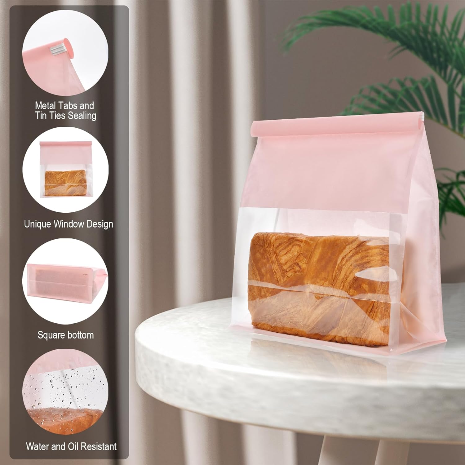 "Funcoo 100 Bread Bags with Tabs for Homemade Sourdough Bread, 8.7x4.3x11 Inches Pink Bakery Storage Bags with Window/Ties, Large Bakery Loaf Bag for Baked Goods Packaging"