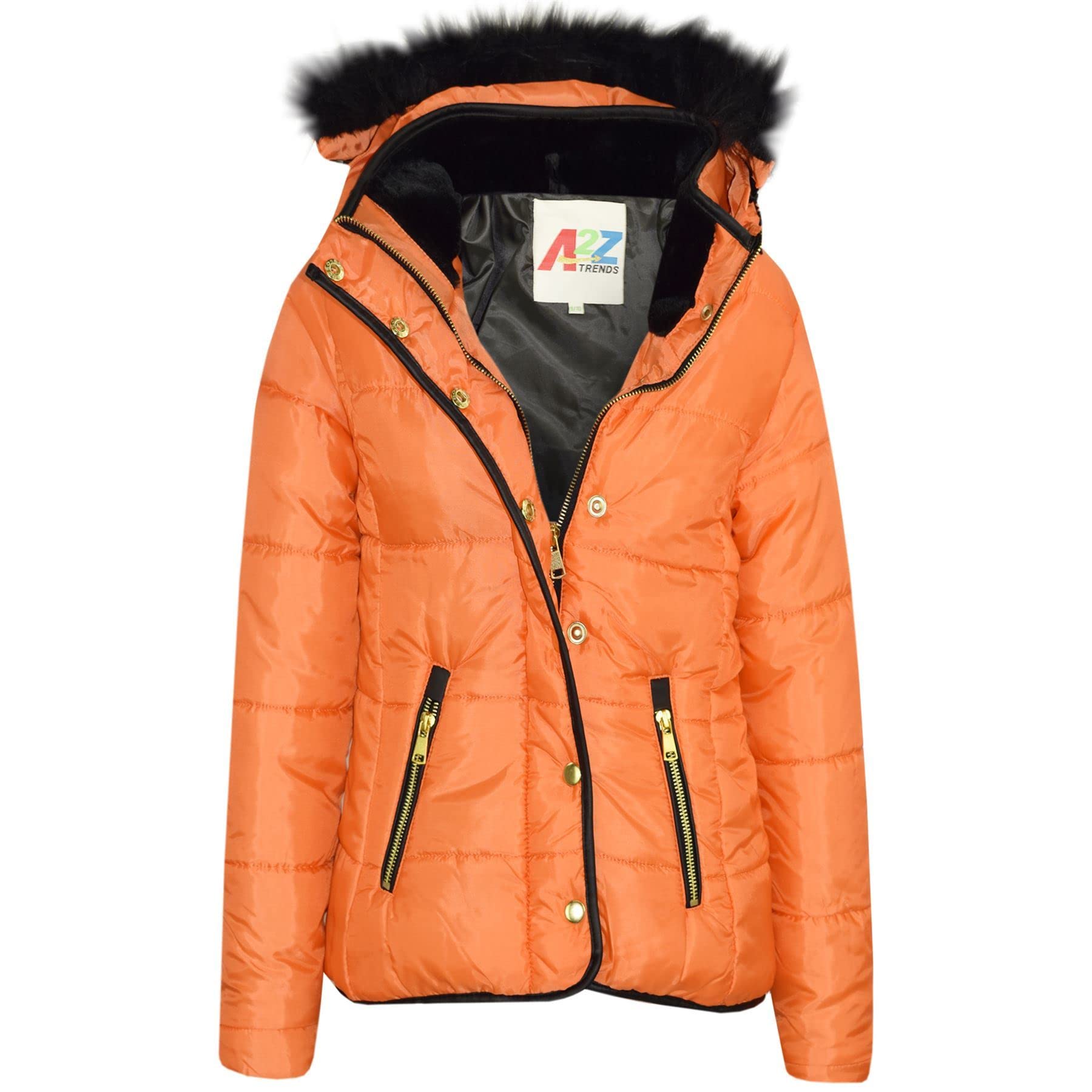 A2z 4 Kids Girls Orange Girsl Padded Puffer Quilted Coat Faux Fur Collar Detachable Hood - Jacket Puffer 411 3-4