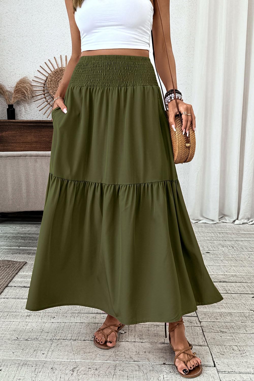 Women's Smocked High Waist Maxi Skirt Casual Boho Long Skirts with Pockets - Image 3