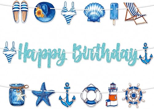 Nautical Theme Birthday Party Banners Nautical Anchor Glittery Blue Sailor Happy Birthday Banners Boat Ocean Pattern Happy Birthday Party Hanging Decoration for Cruise Sailor Theme Birthday Party Supplies