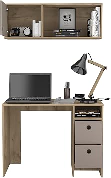 FM FURNITURE Tokyo Office Desk Set and with Wall Cabinet, Light Oak/Taupe