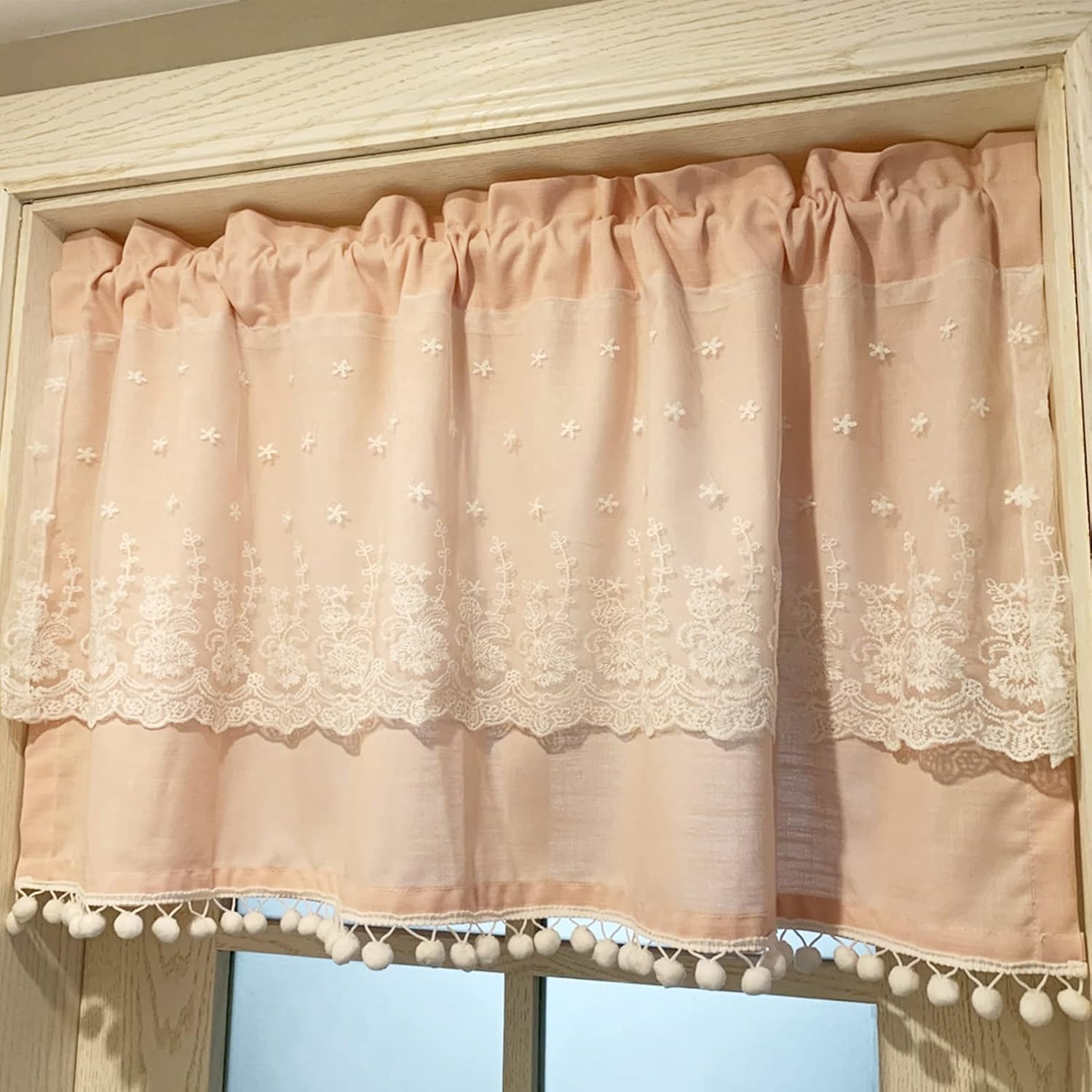 Kitchen Curtains pink Cotton white Lace Tier Curtains, Rural style Short Curtain Valance Panels Rod Pocket, for Balcony Bedroom Bathroom Cafe Half Window Blackout Heat Insulation ( Size : W130xH123cm/