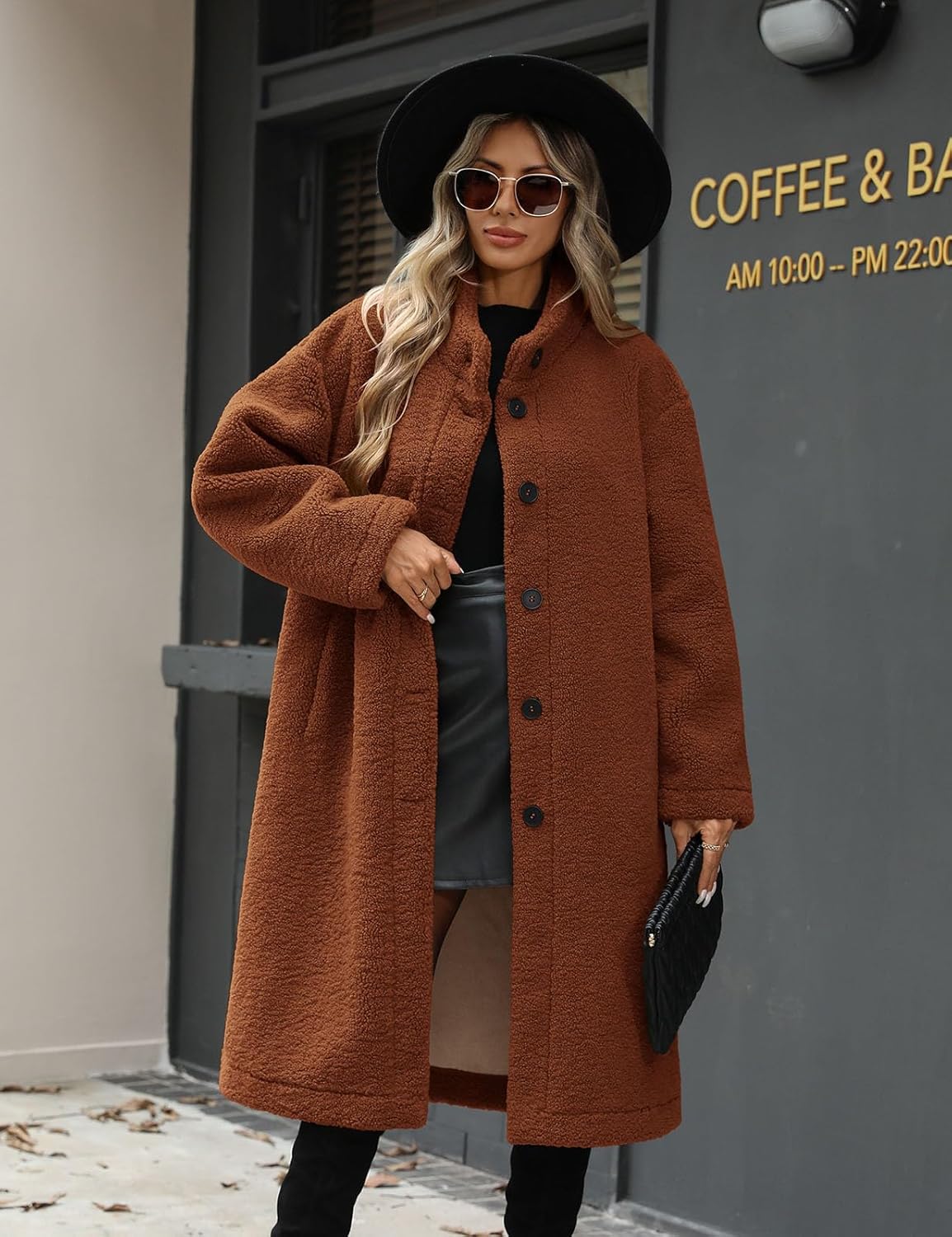 Women’s Winter Fuzzy Fleece Coat Warm Long Cardigan Open Front Jacket Button Faux Fur Fluffy Overcoat - Image 3