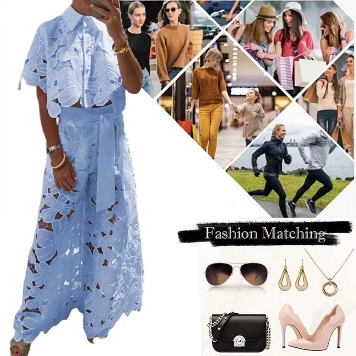 Elegance - Set con camicia corta in pizzo floreale e pantaloni a gamba larga con tasca con cintura, in pizzo cavo, da donna