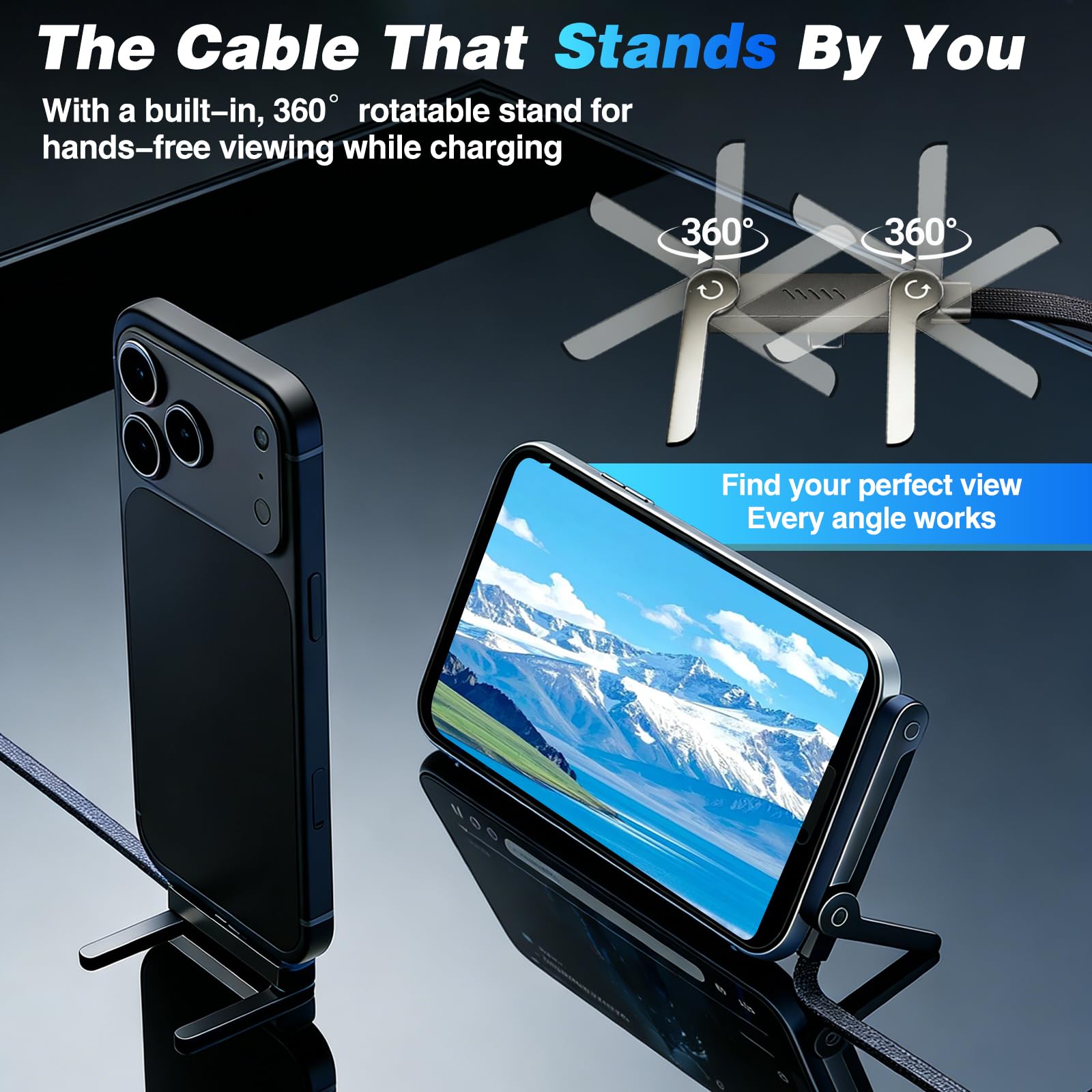 USB C Charger Cable with Stand, 1.5m 240w Fast Invisible Holder Flat Data Cable with Bendphone Accessories, Type C Sideways Charging Cable for iPhone 17 16 15 Pro Max, Samsung S25 S24 Ultra etc. (C-C) — view 2