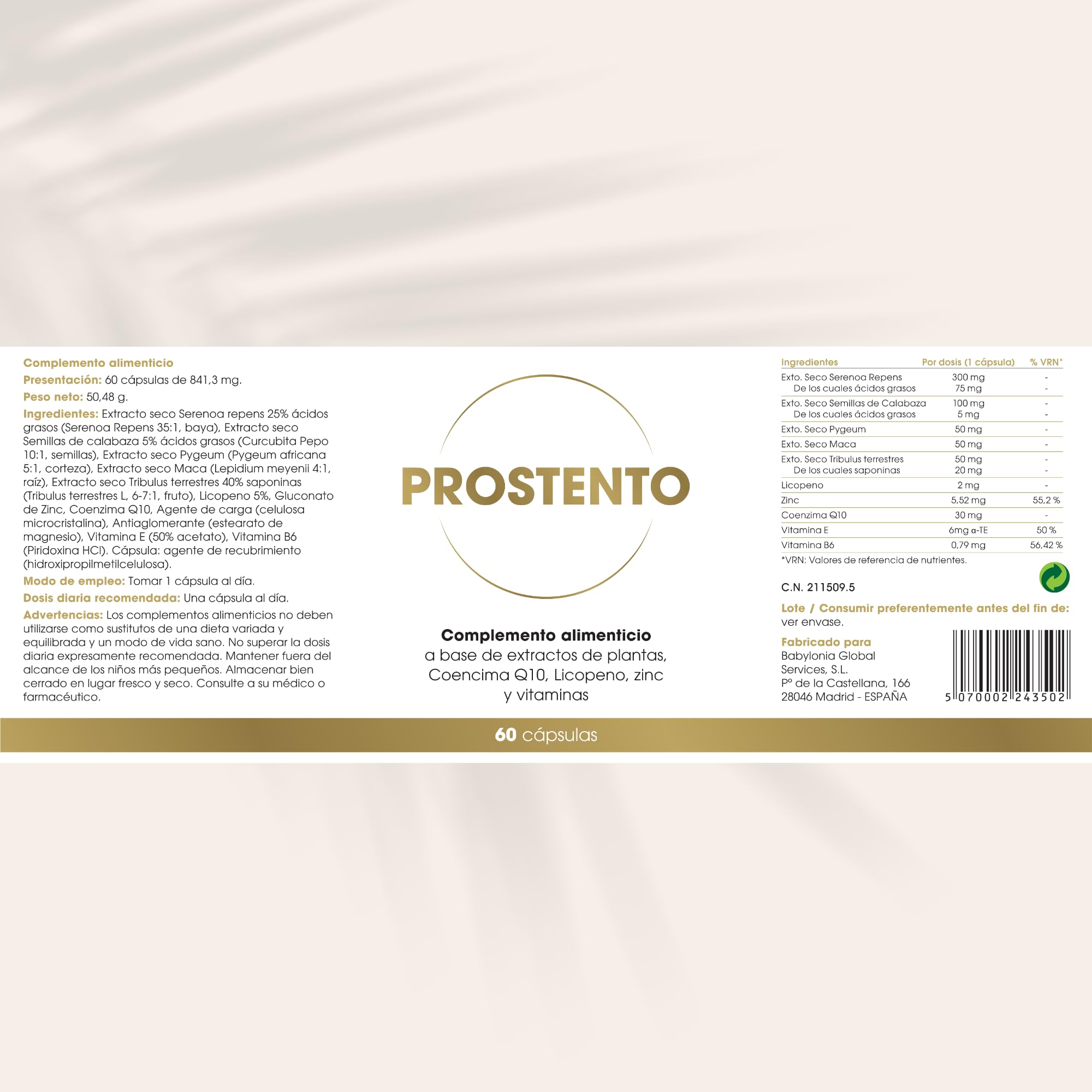 Saw Palmetto 10.500 Mg Próstata Inflamada con Serenoa Repens, Pygeum Africanum, Q10, Maca y Tribulus – Tratamiento Natural - 60 Cápsulas Vegetales para Control Urinario + Antioxidantes – Prostento