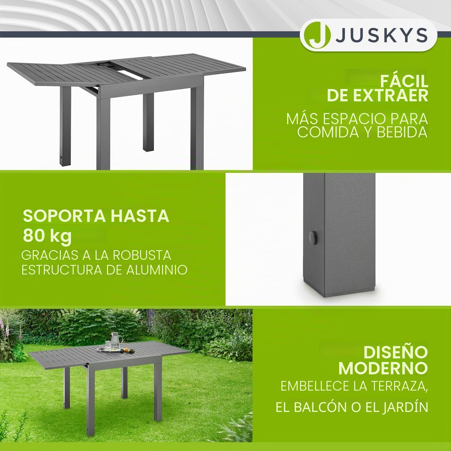 Juskys Laki - Mesa de jardín extensible (70 x 70 cm, mesa de comedor de aluminio, mesa grande, mesa de aluminio, muebles de jardín, color antracita