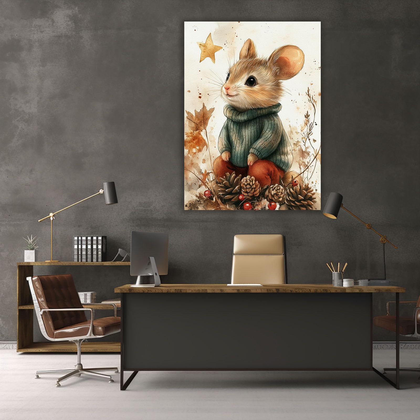 TERUEA Tela Animali Stampe Decorazione Topo Maglia Acquerello Autunno Pino Bacca stampa artistica su tela, poster decorativo moderno, per camera da letto(Brown)-80x120cm Non incorniciato