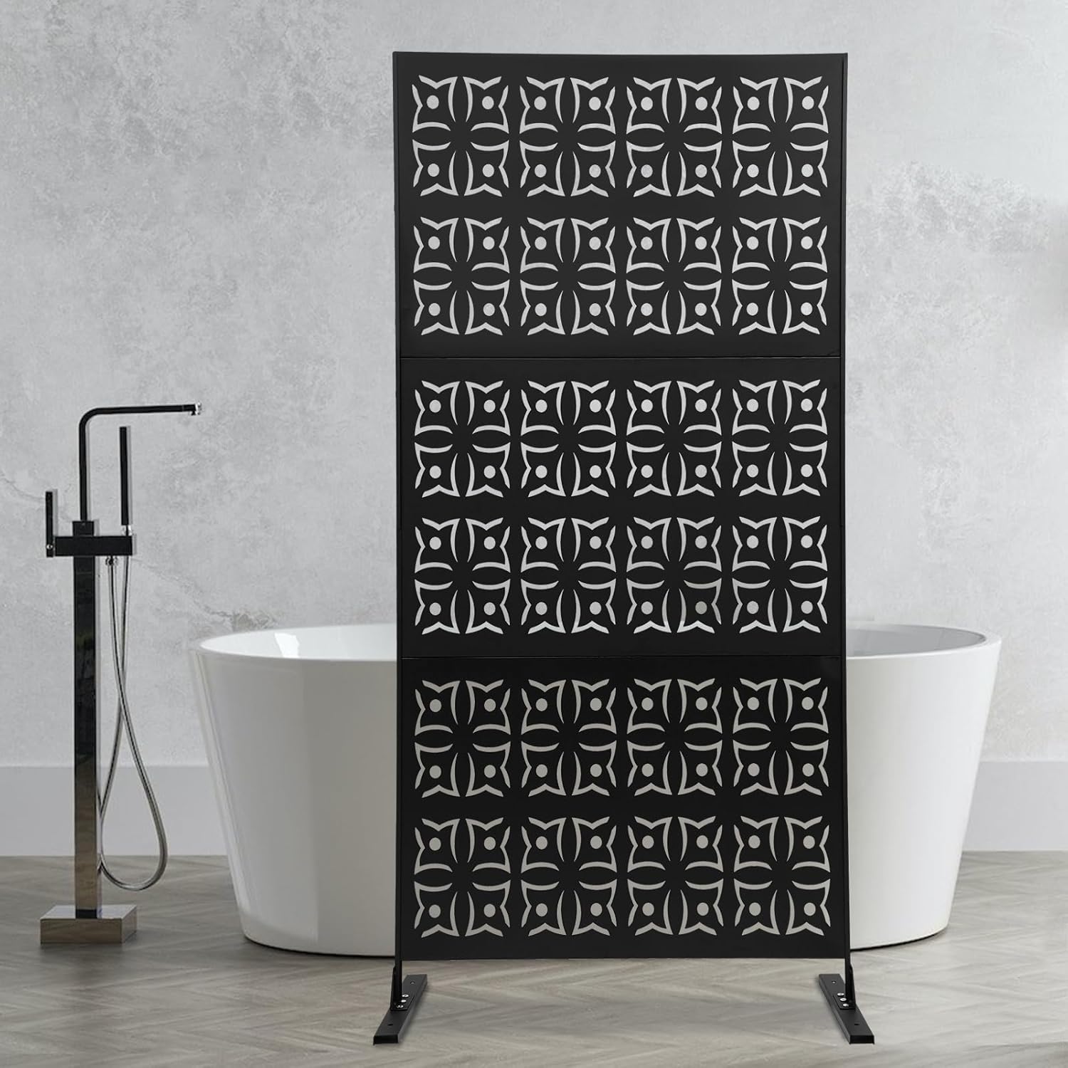 Outdoor Privacy Screen, 75" H x 35" W Metal Patio Privacy Screen with Stand, 3 Panels Freestanding Privacy Fence for Patio, Garden, Indoor (Black Floral Pattern)