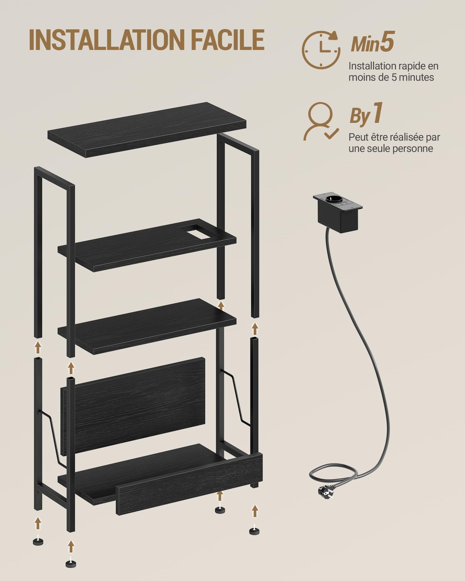 Hzuaneri Mesa Auxiliar Estrecha de 4 Niveles con Portarevistas y Toma de Carga, Mesita para Sofá de Salón, Dormitorio, Estudio, Negro ET40004BEU