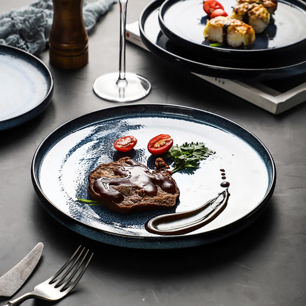 Zerodeko Plato Redondo de Cerámica Azul Borde para Carne y Aperitivos | Acabado Decorativo, Diseño Elegante, Superficie Lisa, Uso Multiusos para Mesa y Servicio Familiar