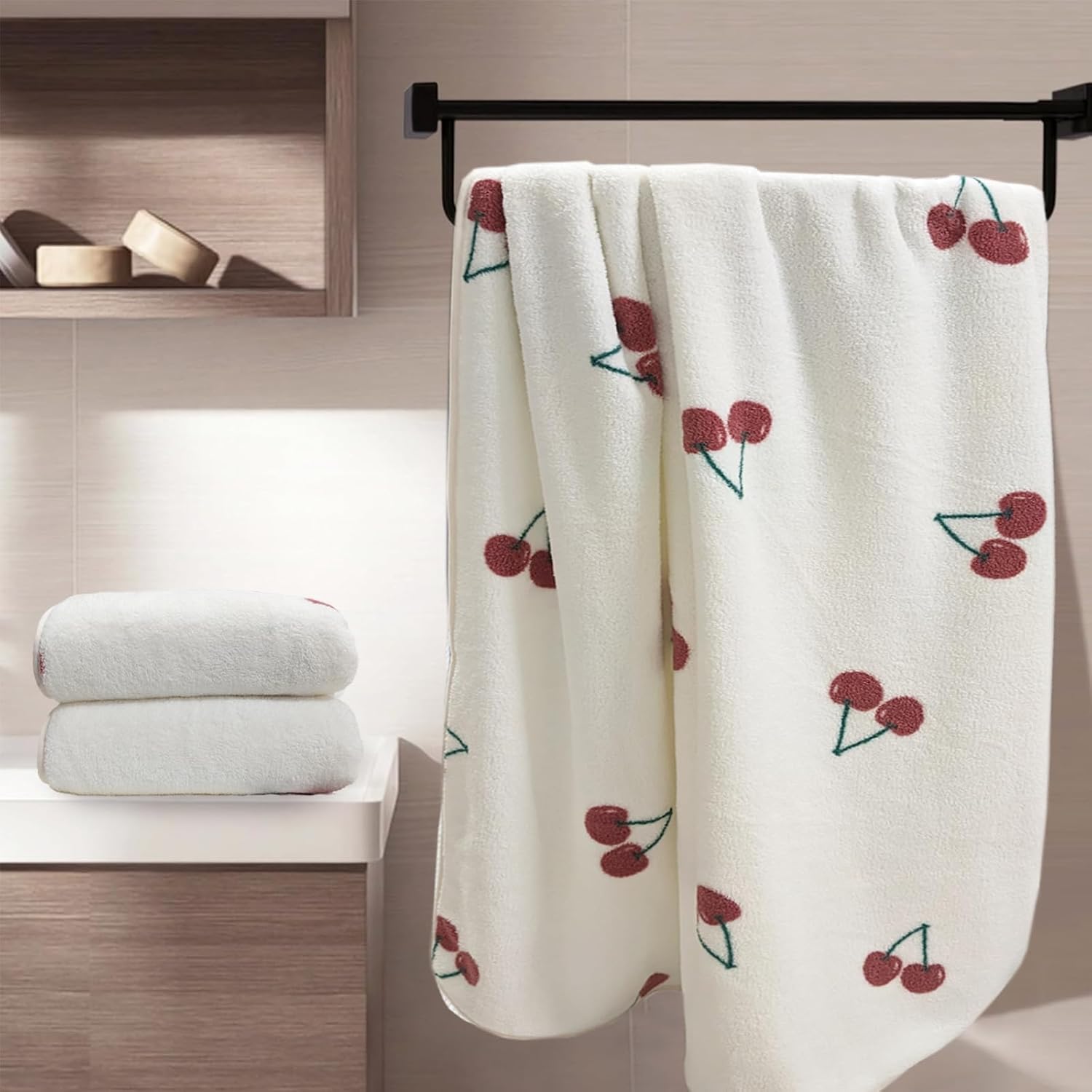 USTIDE Cute Cherries Print Bath Towel Sets Light Red Soft Towels Cute Towels for Bathroom Gym Bath Sheets (Cherry，3pieces)