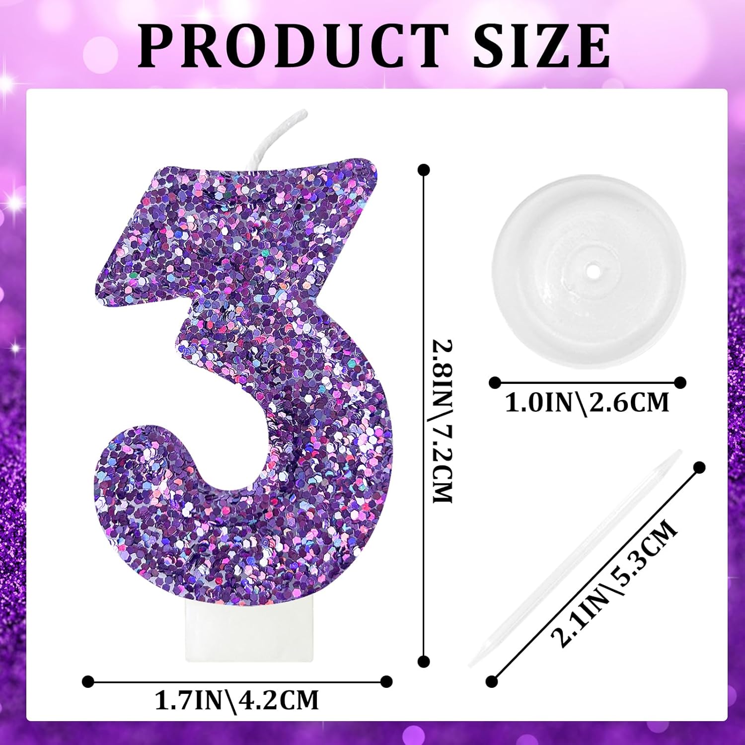 Birthday Number Candles, Glitter Number Candle Cake Decorations with Sequins, Cupcake Decorations for Girls, Women, Party Anniversary Celebrations (Number 3, Purple) Purple Number 3
