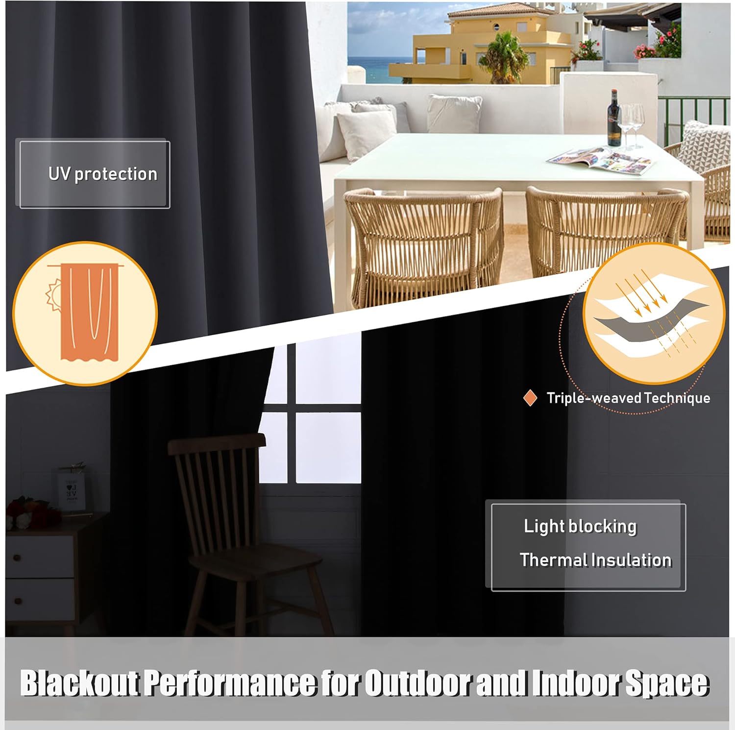 BONZER Waterproof Outdoor Curtains for Patio Cabana Deck Sunroom - Thermal Insulated Sunlight Blocking Grommet Blackout Curtains for Bedroom Living Room,1 Panel, 52W x 108L inch, Dark Grey