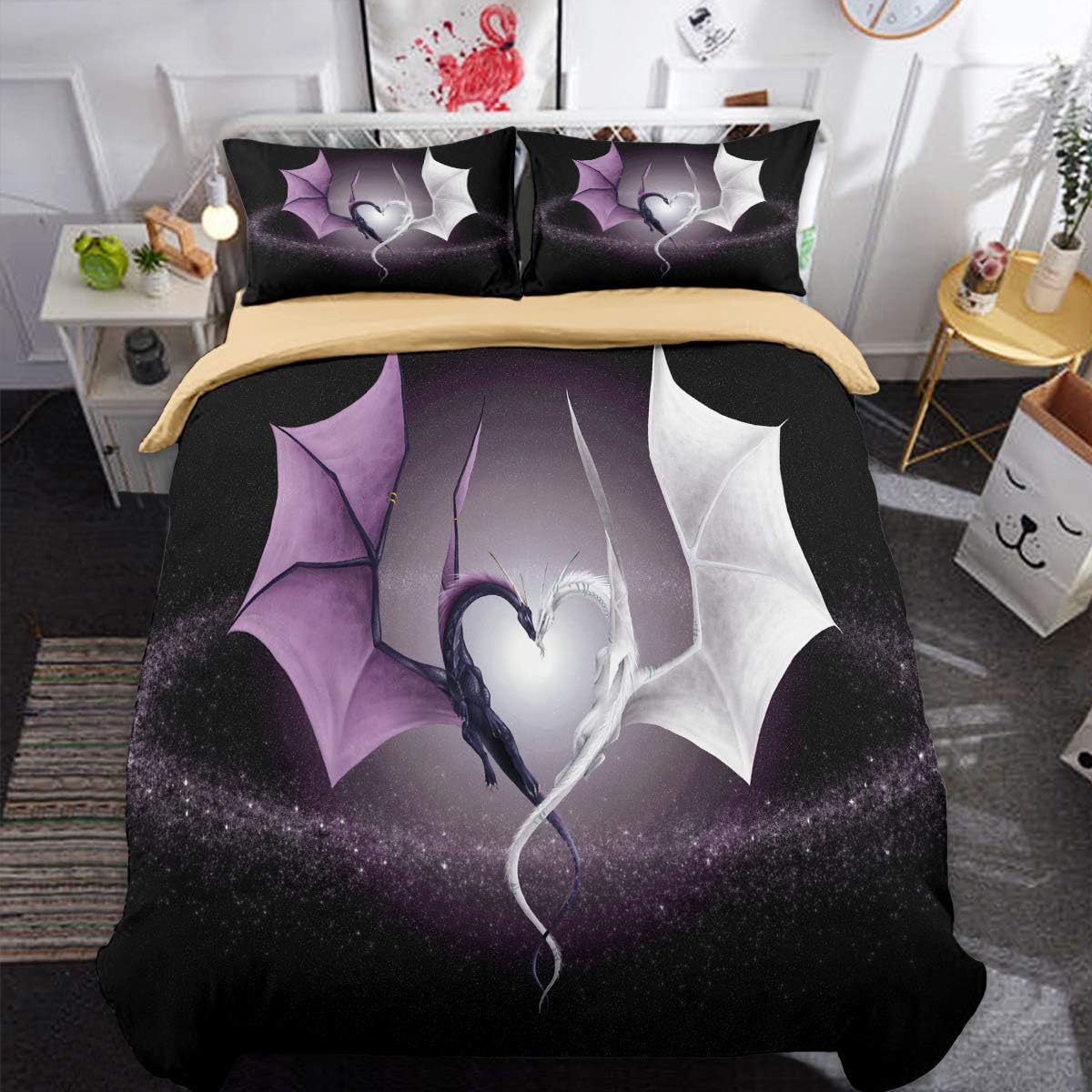 Animal Duvet Cover Set White Purple Dragon Duvet Cover with 2