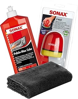 detailmate Sonax - Set de pulido de manos Sonax Polish+Wax Color Rojo, 500 ml, bola de pulido ergonómica Sonax P, pulido de microfibra, 40 x 40 cm, 550 GSM