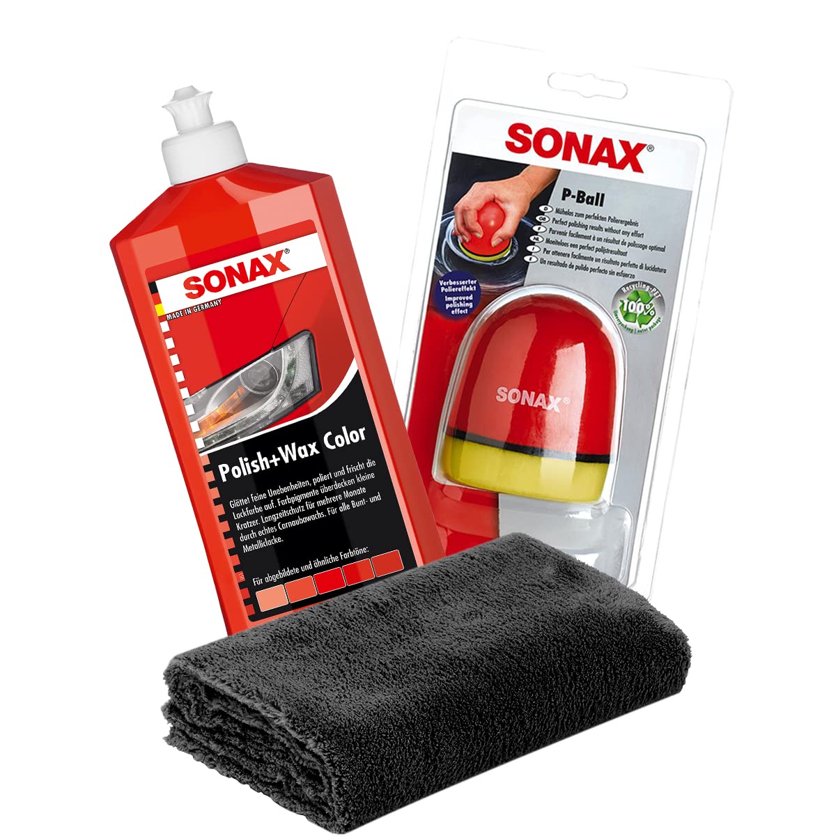 detailmate Hand Polier Set: SONAX Polish+Wax Color rot 500ml Politur + SONAX P-Ball ergonomischer Polier Ball + detailmate Edgeless Superflausch Mikrofaser Poliertuch 40x40cm, 550GSM